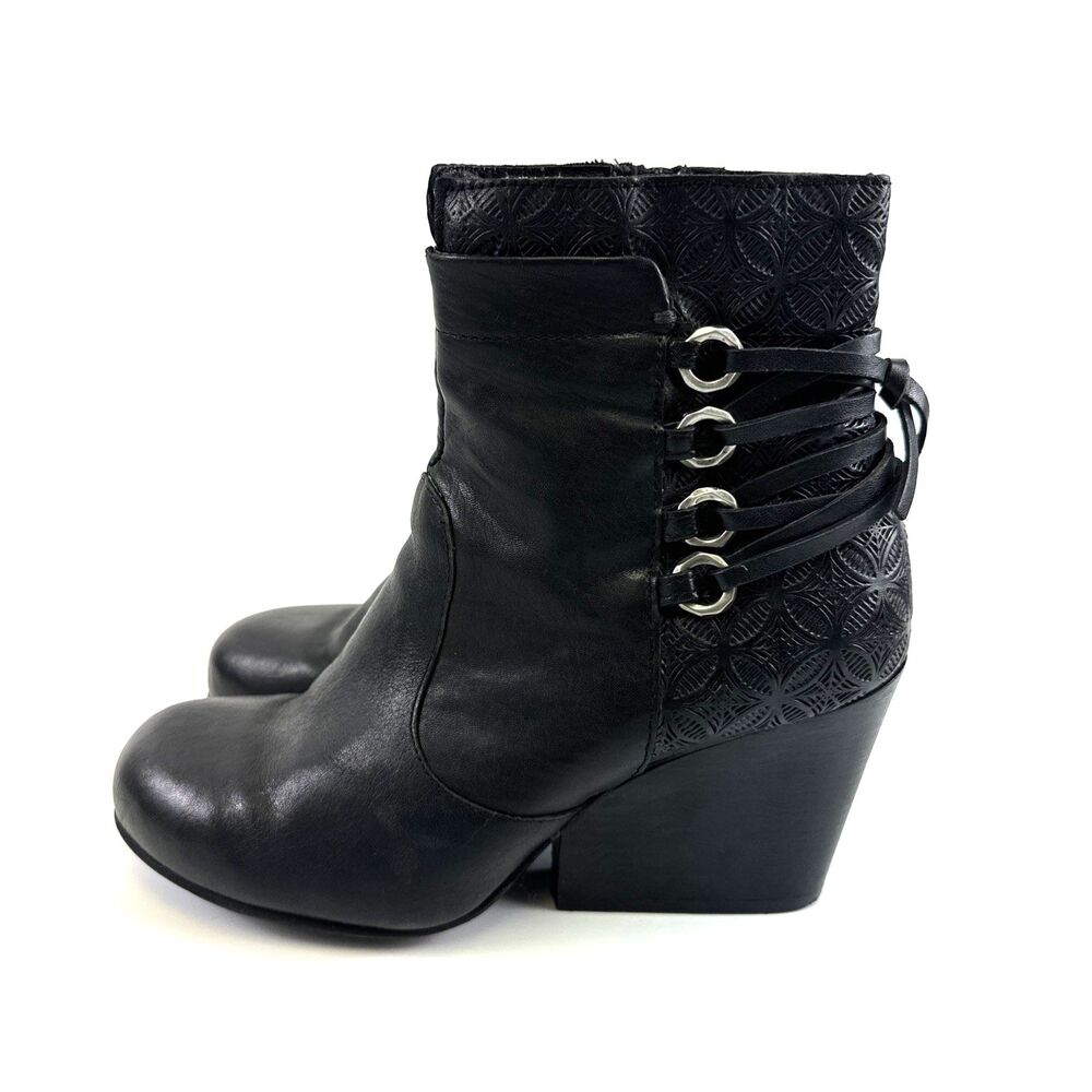 Miz Mooz Karina Boots Black Leather Ankle Zip Lace Back Embossed Womens 41 US 10